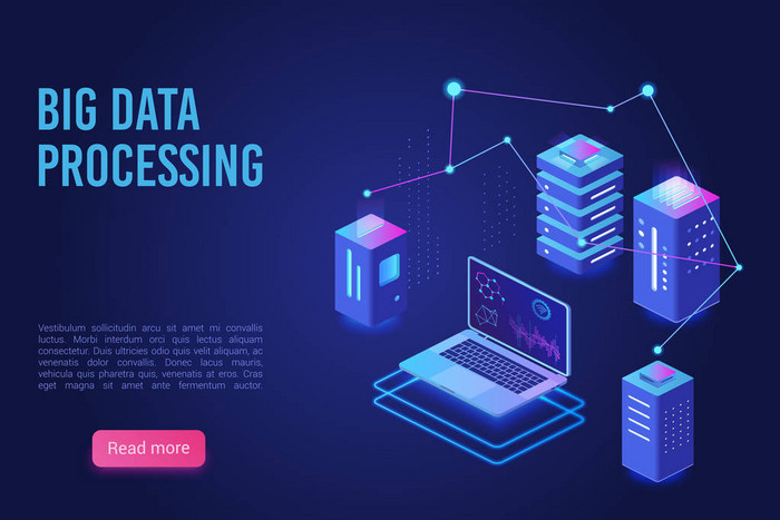 大数据处理和分析着陆页矢量模板。分析数据服务器、服务器机房横幅、Web 托管概念、紫外线等轴测矢量图.